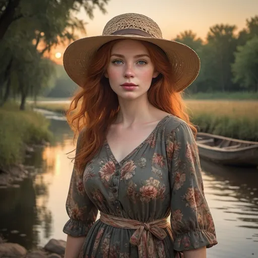 Prompt: In a quaint southern town nestled along the banks of a winding river, a mysterious woman known as Delta Dawn walks along the cobblestone streets. She's dressed in a vintage floral dress and a wide-brimmed hat, her attire reflecting a bygone era.

Her face is etched with wisdom and longing, her eyes scanning the horizon as if searching for something or someone. Despite the passage of time, there's a timeless beauty and grace about her.

Around her, the town comes to life with vibrant colors and bustling activity. Local shops display their wares, musicians play on street corners, and children playfully chase each other, adding to the charm of the scene.

In the distance, the sun sets over the river, casting a warm, golden glow over the landscape. Birds sing in the trees, and the gentle hum of conversation fills the air.

The scene captures the essence of "Delta Dawn," a song filled with mystery, nostalgia, and a touch of sadness. It paints a vivid picture of a woman who's become a legend in her own right, wandering the delta in search of love and belonging.
Make her a red head. She has white skin. she is very pretty  you can see her full figure