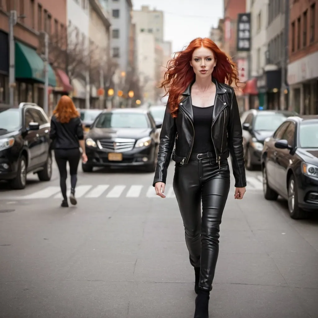 Prompt: a woman with red hair wearing a leather jacket and matching pants is walking down the street in a city