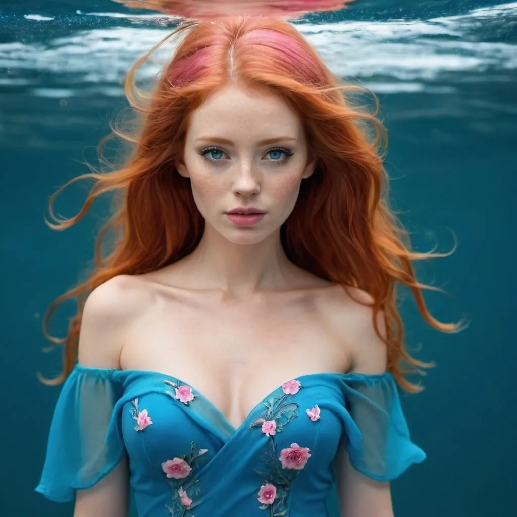Prompt: A very beautiful red head women who is completely made of blue water she has a water pink dress