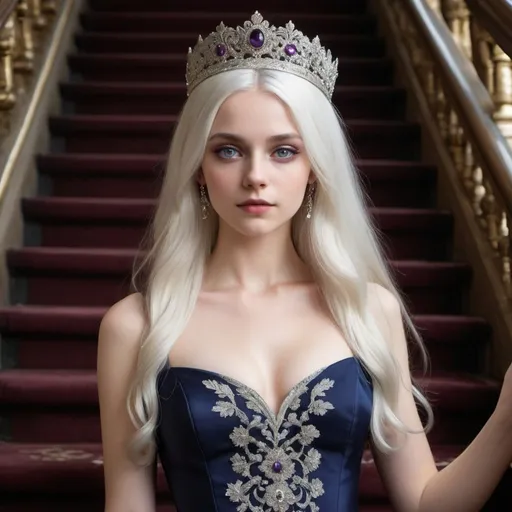 Prompt: A portrayal of a regal looking young woman in her early twenties, with sleek, long white hair, a silver circlet on top of her head, mesmerising violet eyes, high cheekbones, fair skin, narrow waist, slim complexion, wearing an elegant dark navy ball gown with intricate embroidered details, standing on a majestic staircase.