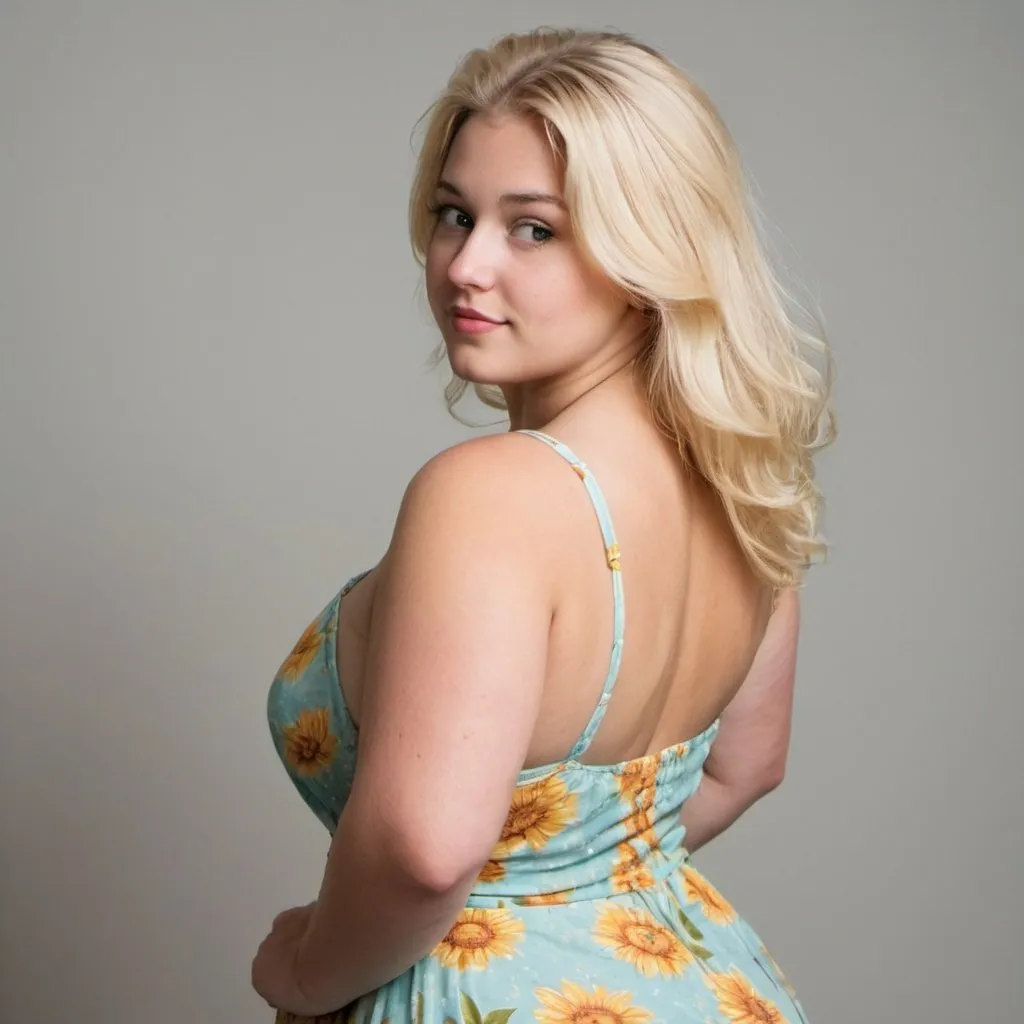 Prompt: A very out Standly curvaceous beautiful blonde girl in a sundress about 20 to 30 years of age. She is standing looking over her shoulder