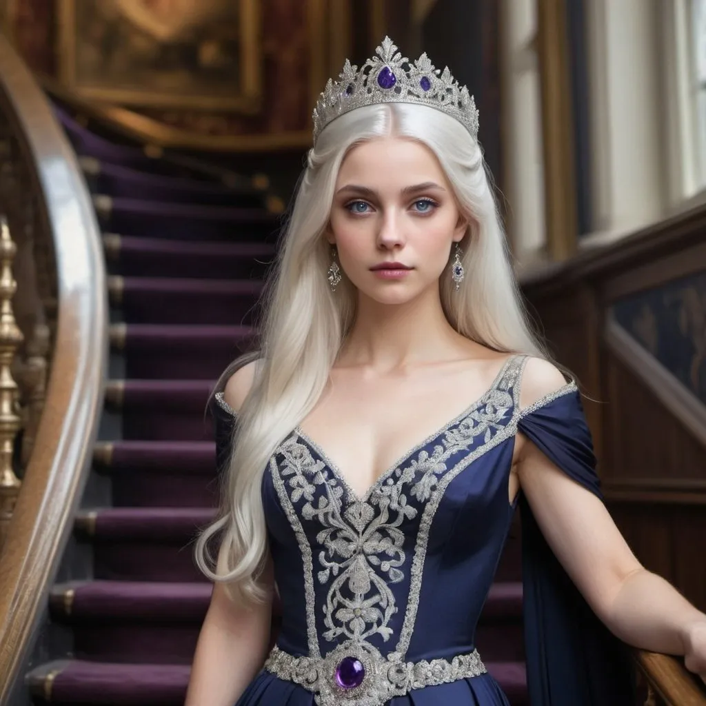 Prompt: A portrayal of a regal looking young woman in her early twenties, with sleek, long white hair, a silver circlet on top of her head, mesmerising violet eyes, high cheekbones, fair skin, narrow waist, slim complexion, wearing an elegant dark navy ball gown with intricate embroidered details, standing on a majestic staircase.