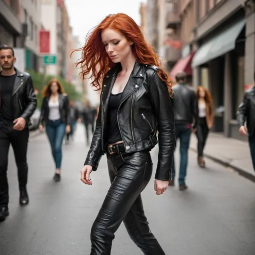 Prompt: a woman with red hair wearing a leather jacket and matching pants is walking down the street in a city