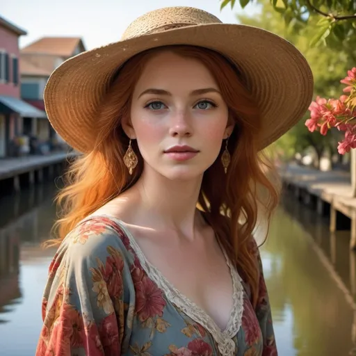 Prompt: In a quaint southern town nestled along the banks of a winding river, a mysterious woman known as Delta Dawn walks along the cobblestone streets. She's dressed in a vintage floral dress and a wide-brimmed hat, her attire reflecting a bygone era.

Her face is etched with wisdom and longing, her eyes scanning the horizon as if searching for something or someone. Despite the passage of time, there's a timeless beauty and grace about her.

Around her, the town comes to life with vibrant colors and bustling activity. Local shops display their wares, musicians play on street corners, and children playfully chase each other, adding to the charm of the scene.

In the distance, the sun sets over the river, casting a warm, golden glow over the landscape. Birds sing in the trees, and the gentle hum of conversation fills the air.

The scene captures the essence of "Delta Dawn," a song filled with mystery, nostalgia, and a touch of sadness. It paints a vivid picture of a woman who's become a legend in her own right, wandering the delta in search of love and belonging.
Make her a red head. She has white skin. she is very pretty  you can see her full figure