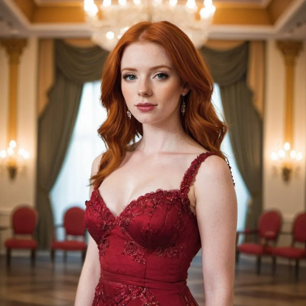 Prompt: out Standly gorgeous red head wearing a  dress in a ballroom