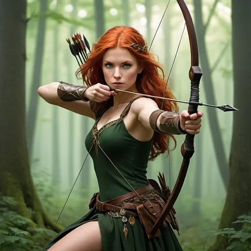 Prompt: 
In the depths of Sherwood Forest, where the trees whisper secrets and the air hums with the melody of nature, strides a figure of unmatched beauty and daring - a Robin Hood-esque archer with fiery red hair.

Tall and lean, with a powerful physique honed by years of traversing the forest and mastering the bow, she moves with the grace and agility of a woodland sprite. Her fiery locks cascade down her back in wild waves, catching the sunlight and casting a warm glow around her.

Her piercing green eyes, sharp and keen, reflect the wisdom and cunning of one who has spent a lifetime navigating the shadows of the forest. They sparkle with mischief and determination, hinting at the adventures and escapades that lie ahead.

Dressed in attire befitting a rogue of the woods, she wears a tunic of forest green, adorned with intricate embroidery and practical leather accents. A quiver of arrows hangs at her hip, ready to be unleashed with deadly precision at a moment's notice.

Across her back is slung a bow of polished wood, its sinewy curves a testament to the craftsmanship of the forest folk. With a steady hand and a steady eye, she draws back the bowstring, her aim true and unwavering as she takes aim at her target.

As she prowls through the forest, her movements are swift and silent, blending seamlessly with the natural world around her. She is a protector of the weak and a thorn in the side of the unjust, a modern-day hero for those who have been wronged by the powers that be.

In the heart of Sherwood, she is a beacon of hope and defiance, her red hair blazing like a fiery crown atop her head. She is Robin Hood reborn, a beautiful archer with a heart of gold and a spirit as wild and untamed as the forest itself.

she is holding a long sword








