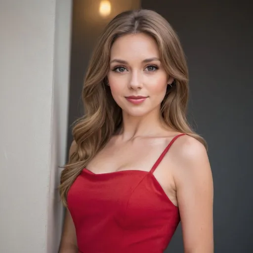 Prompt: a out Standly gorgeous woman beautiful with light brown hair is posing for a picture she is wearing a red dress