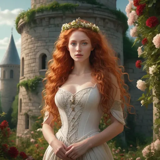 Prompt: HD 4k 3D, hyper realistic, professional modeling, enchanted German Princess - maiden in tower, long curly red hair, beautiful, magical, high fantasy background, tower covered in flowers and garden, detailed, highly realistic woman, elegant, ethereal, mythical, Greek goddess, surreal lighting, majestic, goddesslike aura, Annie Leibovitz style she is curvaceous