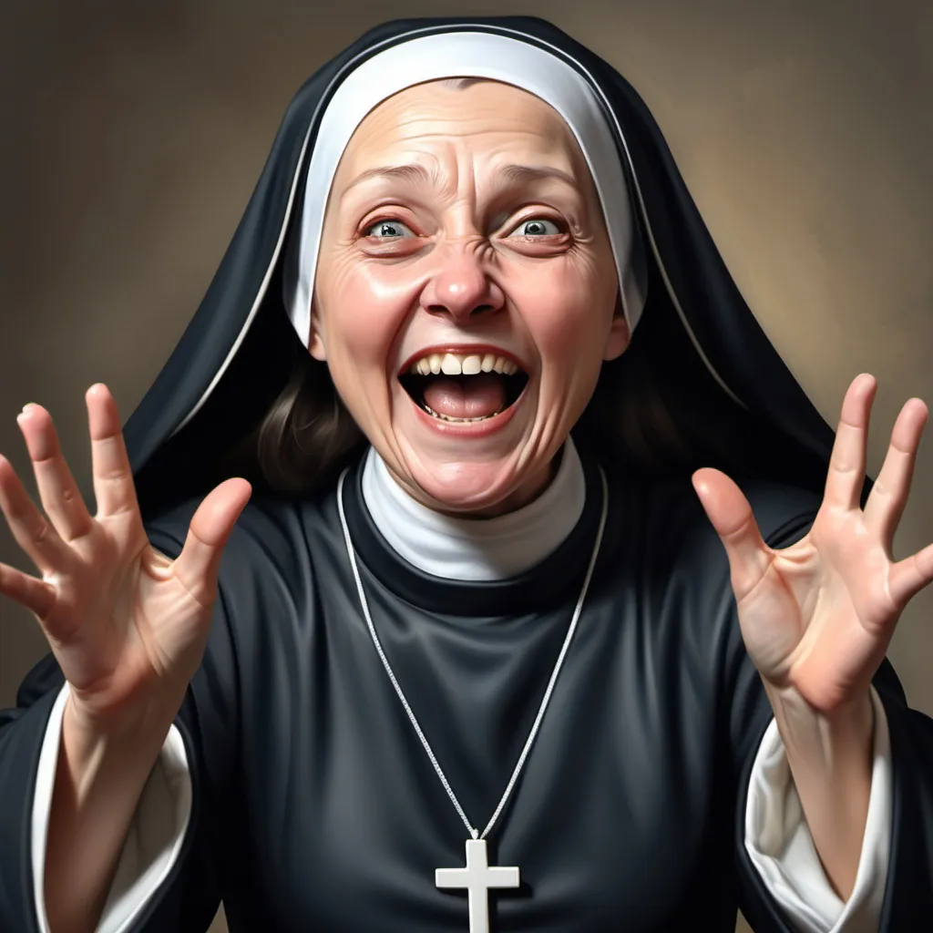 Prompt: A realistic digital art portrait of an enthusiastic middle aged Nun in a full habit with her arms wide open indicating she is about to give a hug