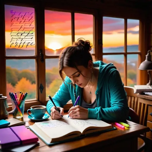 Prompt: An image depicting a person sitting at a wooden desk, engrossed in writing in a journal. The desk is cluttered with colorful pens, highlighters, and a steaming cup of coffee, against a backdrop that transitions from sunrise to sunset, symbolizing a journey of self-discovery. Include '30 Days of Journaling' in large, eye-catching, handwritten-style font. The person is in a moment of epiphany, with an expression of concentration and awe. The image should use high-contrast and warm colors to evoke feelings of inspiration and enlightenment. 