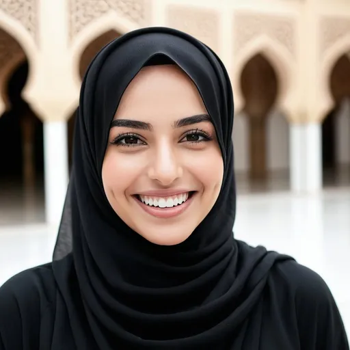 Prompt: Beautiful arabic woman wearing black hijab having a beautiful smile with white tooth visible