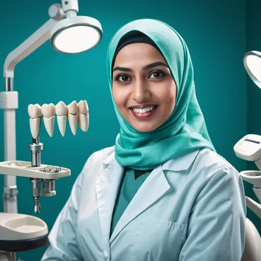 Prompt: Indian hijab female dentist wearing dental coat , background detailed dental equipment in the background, high quality, professional, realistic, teal colored room, dental equipment, traditional clothing, detailed facial features, modern dental tools, professional setting, atmospheric lighting