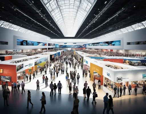 Prompt: An overhead hyper realistic photo of the worlds largest exposition conference space including booths and people milling about. Make it 2500 pixels wide
