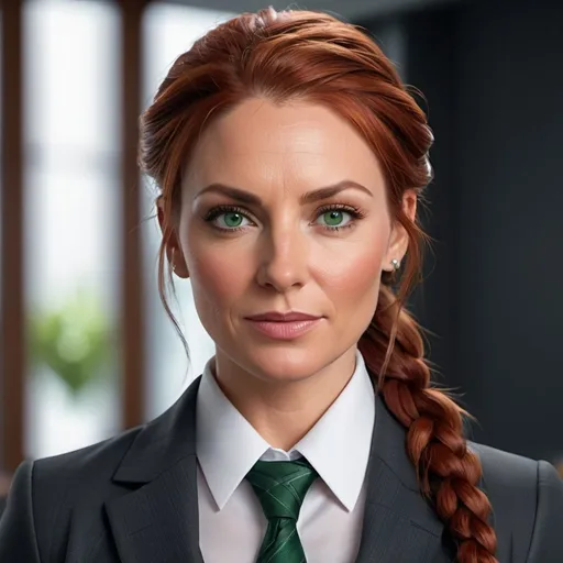 Prompt: Hyper-realistic front facing view including stomach and shoulders, depiction of a 40-year-old physically fit woman, detailed green eyes, vibrant red hair professionally styled in a single braid, donning a dark grey business suit and buttoned white shirt without necktie, ultra-realistic, high definition, professional, detailed features, realistic lighting, red hair in a braid, detailed eyes, business attire, vibrant green eyes, detailed facial features, mature, realistic textures, high quality, professional, realistic lighting and do not include a necktie. Be sure to include stomach, shoulder and head in full view.