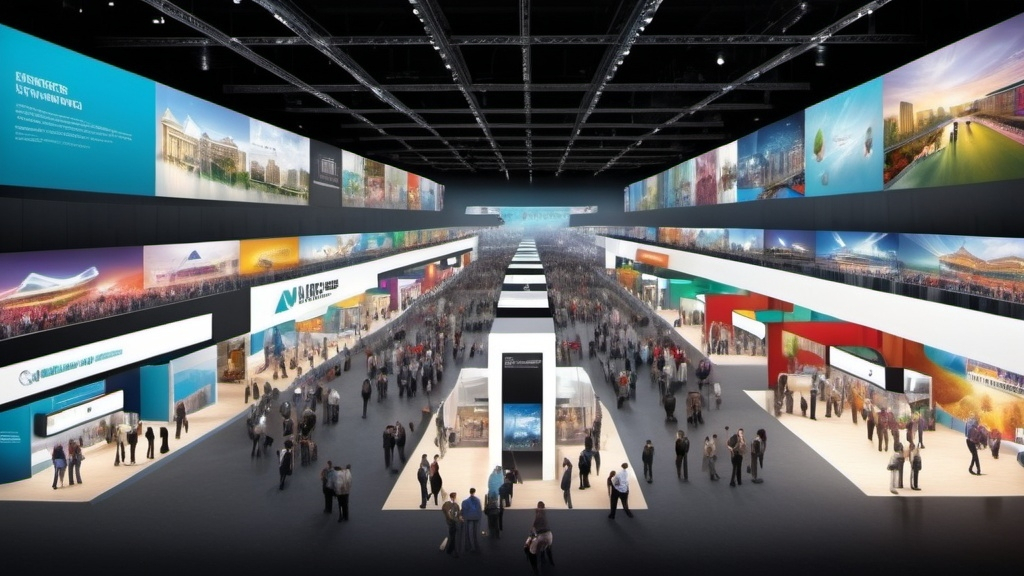 Prompt: An overhead hyper realistic photo of the worlds largest exposition conference space including booths and people milling about. Make it 2500 pixels wide
