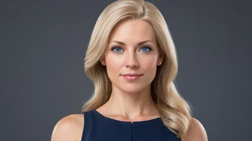 Prompt: Provide a photo realistic female business executive, 36 years old, attractive with blonde colored hair and blue eyes wearing a conservative designer navy blue dress.
She should be physically fit. The photo should be of her head and shoulders.