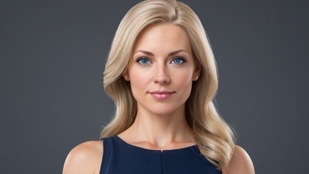 Prompt: Provide a photo realistic female business executive, 36 years old, attractive with blonde colored hair and blue eyes wearing a conservative designer navy blue dress.
She should be physically fit. The photo should be of her head and shoulders.