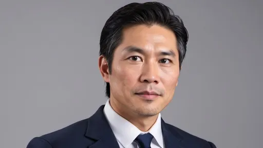 Prompt: Provide a photo realistic Asian male  business executive, 50 years old, attractive with black colored hair and brown colored eyes wearing a conservative designer navy blue suit.
He should be physically fit. The photo should be of his head and shoulders.