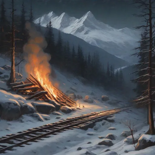 Prompt: a snowy mountainous forest landscape, at night; a bonfire flickers in the woods; a train is far away in the distance at the bottom of the mountain; art is realistic and the mood should be somber 