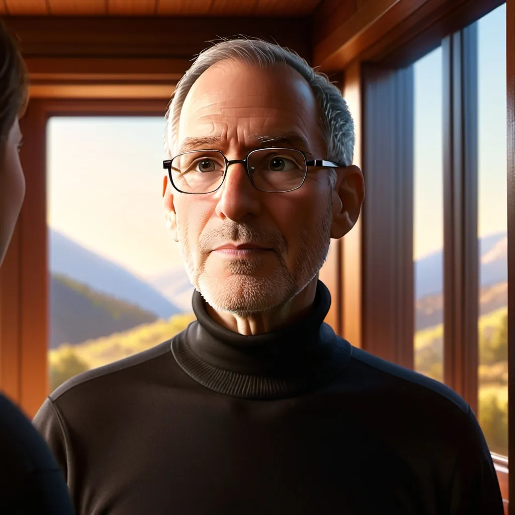 Prompt: Steve Jobs, older, reflective expression, simple setting, iconic black turtleneck, sunlight through window, visionary thinking, wisdom