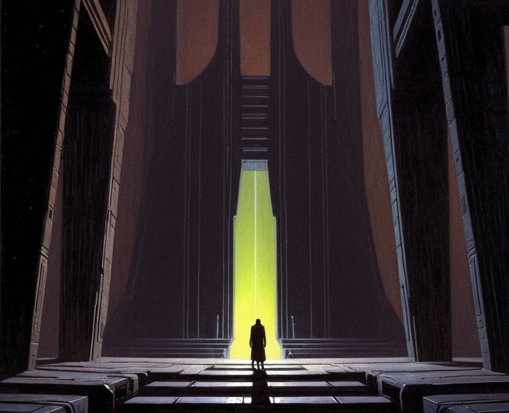 Prompt: Man standing in a dark moody temple on an alien planet. In the Ralph McQuarrie drawing style.