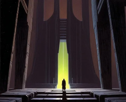 Prompt: Man standing in a dark moody temple on an alien planet. In the Ralph McQuarrie drawing style.