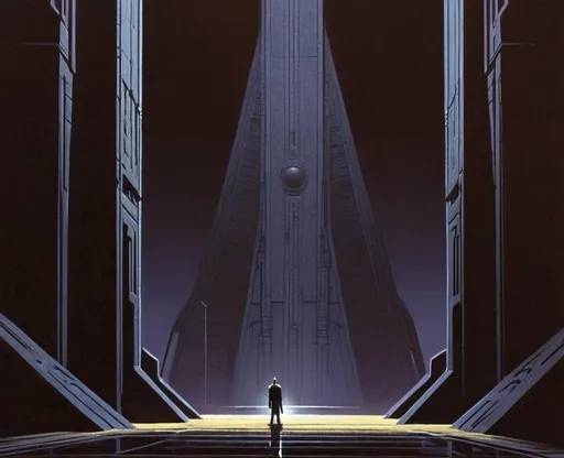 Prompt: Man standing in a dark moody temple on an alien planet. In the Ralph McQuarrie drawing style.