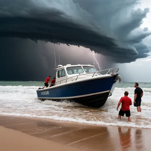 Prompt: A motorboat stuck on the beach. Three very strong guys pushing the boat back into the water. A large thunderstorm is happening. 
