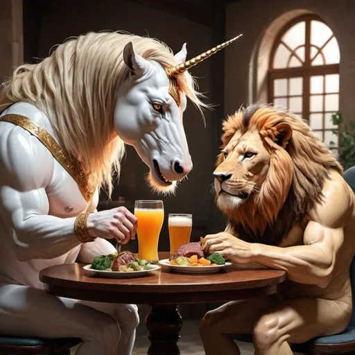 Prompt: A unicorn is eating dinner with a male lion. they are sitting at a table, the unicorn has a plate of vegetables and the lion has a plate of raw meat. the unicorn has a glass of orange juice and the lion has a glass of beer.