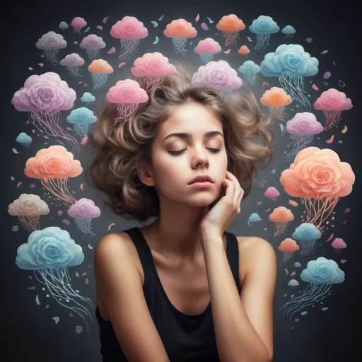 Prompt: Create a girl who is surrounded by her thoughts. 