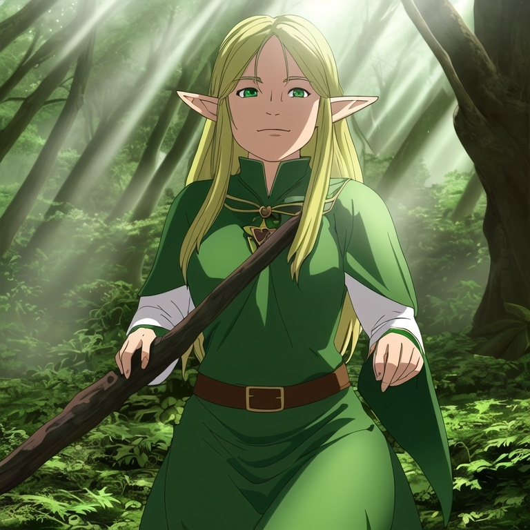 Prompt: Elf ranger in a mystical forest around sunlight