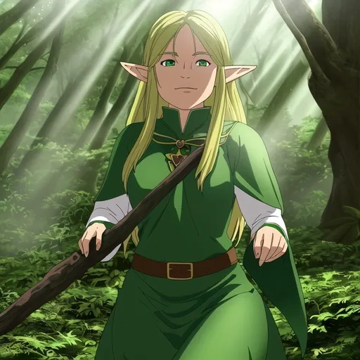 Prompt: Elf ranger in a mystical forest around sunlight