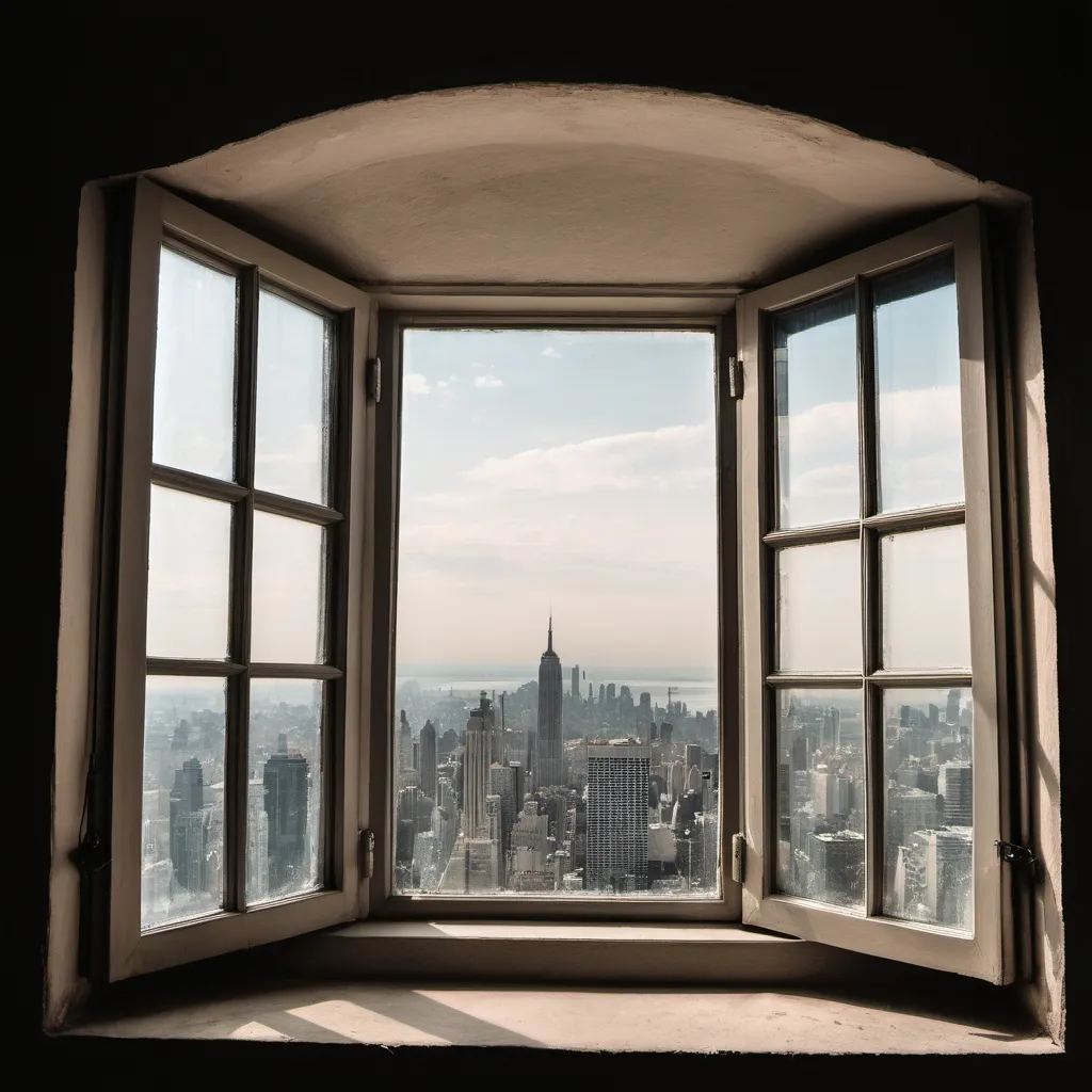 Prompt: a window from which a big city is viwed

