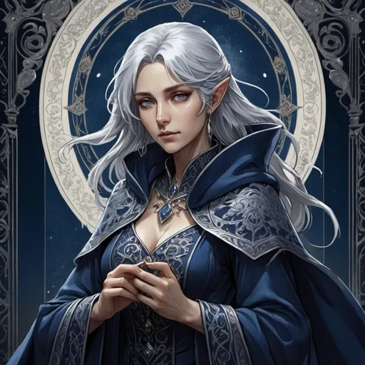 Prompt: tarot card Anime illustration, a silver-haired woman Eladrin, detailed ornate cloth cloak, dramatic lighting dark blue tones