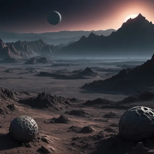 Prompt: an alien planet at twilight... The camera is roughly 20 feet high focusing on the sky just above the terrain.
There is sparse vegetation and rocky terrain. Dark grey mountains jut in the background. This is a hostile environment.