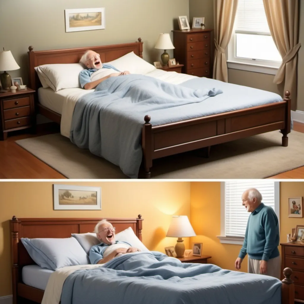 Prompt: "Create a two-panel meme.

Panel 1: A cozy bedroom scene where an elderly man (Grandpa) is sleeping peacefully in a bed. The bed should have simple, comfortable bedding. Two young children (grandchildren) are approaching the bed with excited expressions, about to wake him up. The kids should look eager and cheerful.Granpa sleeping in bed

Panel 2: The same bedroom scene with Grandpa now wide awake and looking extremely shocked or surprised, his mouth open in a yell, and his eyes wide. The children should be standing next to him with startled or surprised expressions. Grandpa's reaction should be exaggerated to emphasize his shock.

The setting should be warm and homey, capturing the contrast between the calm of the first panel and the chaos of the second."