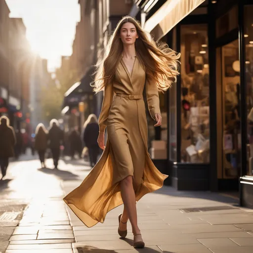 Prompt: Tall young woman walking down the high street, detailed clothing, realistic, natural lighting