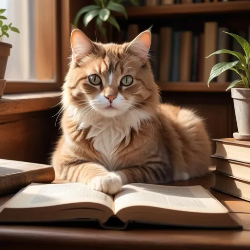 Prompt: (cute cat sitting on a table), warm and inviting atmosphere, soft natural lighting, beautifully textured wooden table, cozy background with a few books and a plant, subtle whispers of afternoon sun illuminating the scene, finely detailed fur and expressive eyes of the cat, ultra-detailed and charming, captured in high-definition clarity, emphasizing tranquility and comfort.