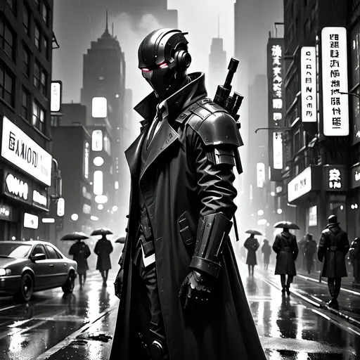 Prompt: (Black-and-white sketchy image), android with plain smooth black helmet, black cyberpunk helmet, dark trench coat, high-tech bayonet on shoulder, standing confidently, rainy dystopian city, neon lights reflecting on wet surfaces, dark atmospheric ambiance, cool tones, dramatic lighting, hints of steam rising from the streets, sci-fi elements, high resolution, cinematic feel.