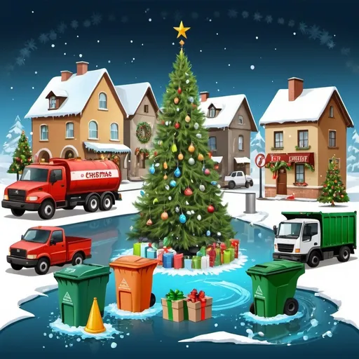 Prompt: post ilustration christmas town, with christmas tree  water, waste, recicle, water meter, mechanical and manual sweeper, garbage truck, waste and recycling container 