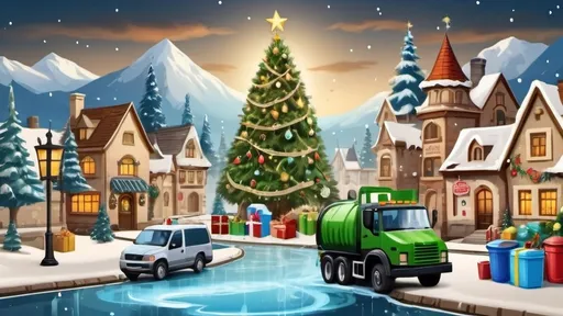 Prompt: post ilustration christmas town, with christmas tree, castle from the white castle,
tap water  water, waste, recicle, water meter, mechanical and manual sweeper, garbage truck, waste and recycling container water pipes and plumbing with street road 