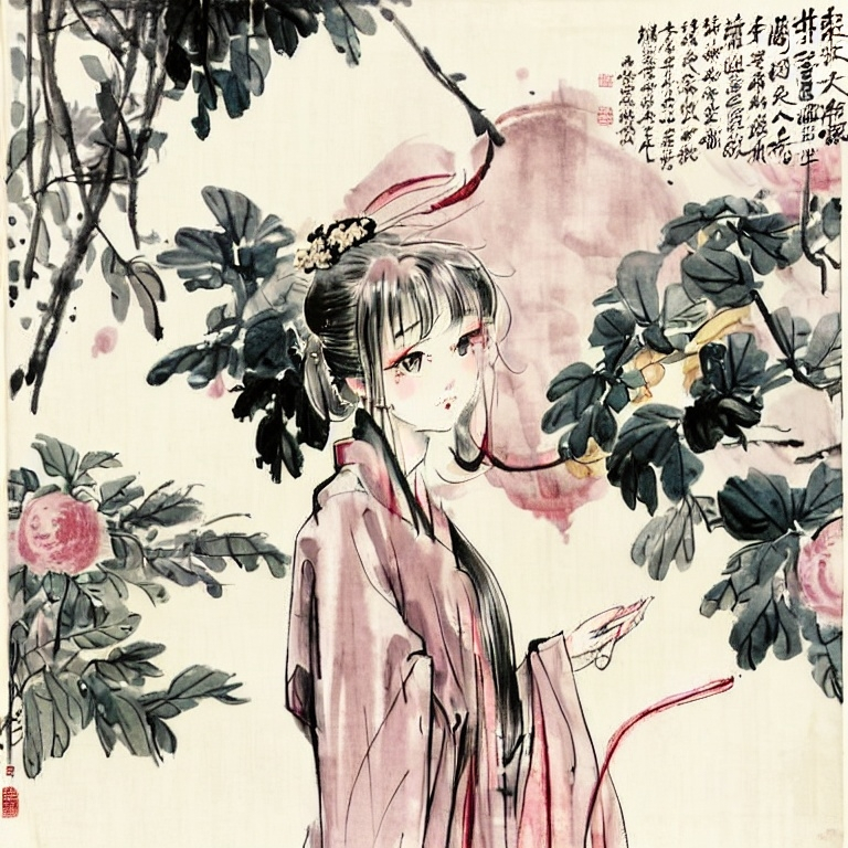 Prompt: A peach blossom garden in a Chinese watercolor style with soft, faded colors. The atmosphere feels quiet and lonely. There is a woman in a light-colored Chinese outfit, seen from behind, standing slightly to the right in the middle of the scene, but she is not very clearly visible pink tone