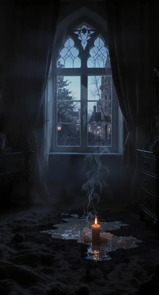 Prompt: The bedroom at sunrise, candle melted completely into a pool of wax on the floor, the window open to the morning air, faint streaks of wax leading out into the empty street, eerie gothic tone, cinematic, 8K ultra detail.