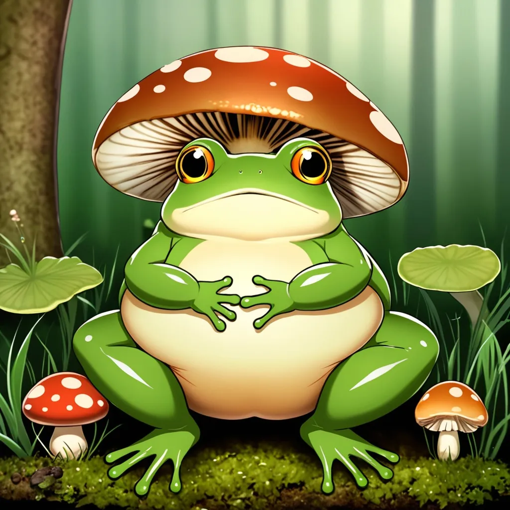 Prompt: Cute, fat, frog, under, mushroom