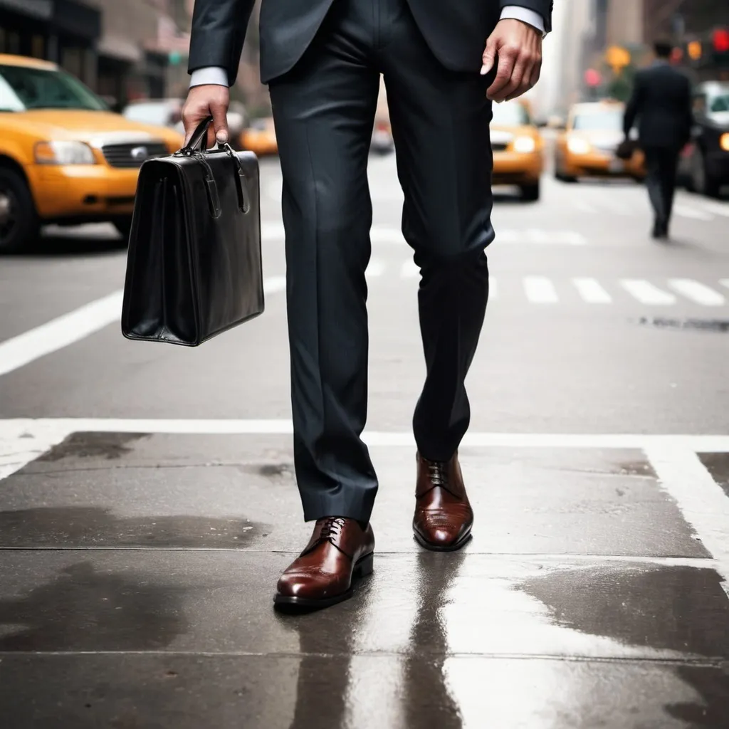 Prompt: Create me a picture of a businessman just the lower part of the body with elegant shoes walking the streets of New York