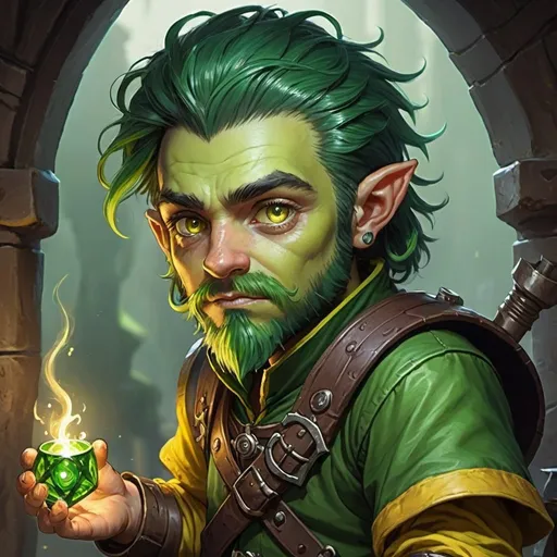 Prompt: dungeons and dragons fantasy art green skinned halfling male artificer with dark green hair and beard with yellow eyes workshop tinkerer