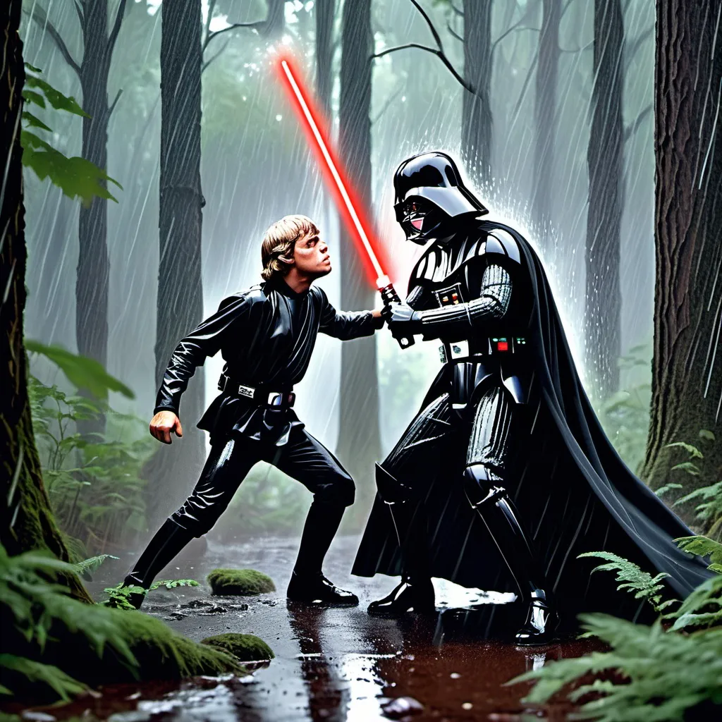 Prompt: luke skywalker in the forest fighting darth vader under the rain 