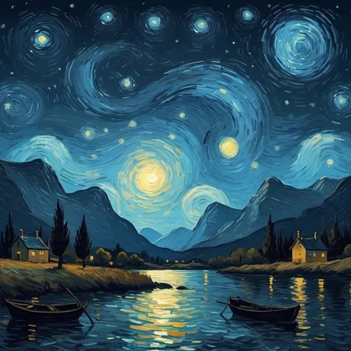 Prompt: Create a night sky scene in the ratio 16:9. Use the style of Van Gogh, but without any terrestrial elements or foreground whatever.
