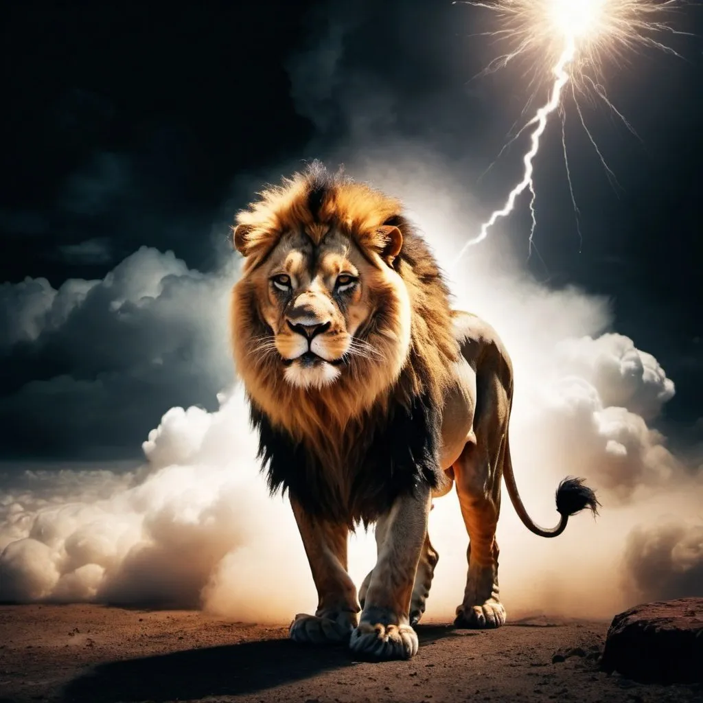 Prompt: Lion walking on lightin cloud
Black sparklig fur 
Fearles and angry houling while lighting shoots looking down upon other animals