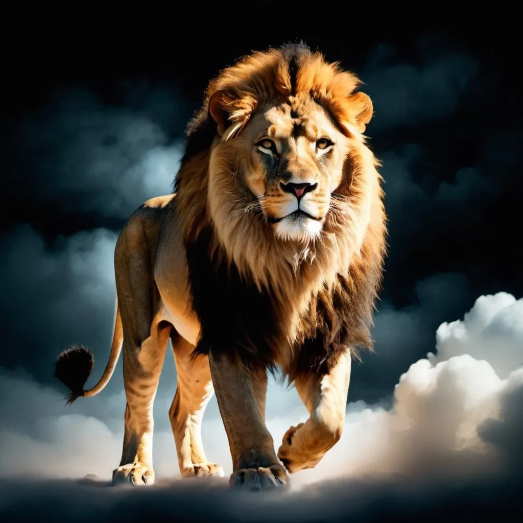 Prompt: Lion walking on lightin cloud
Black sparklig fur 
